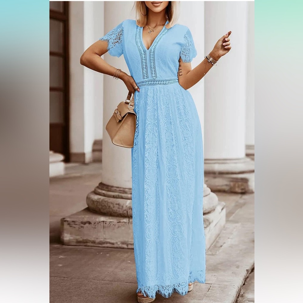 MEROKEETY Women's V Neck Short Sleeve Floral Lace Wedding/Bridesmaid Maxi Dress